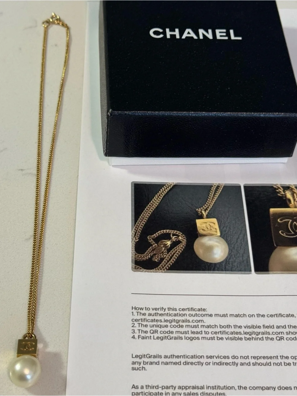 CHANEL Gold Tone Chain Necklace with Pearl Pendant
